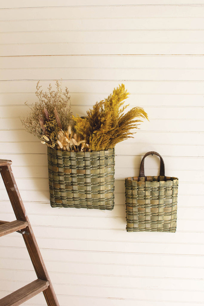 Set of 2 olive split wood hanging wall baskets - Bombay Mercantile