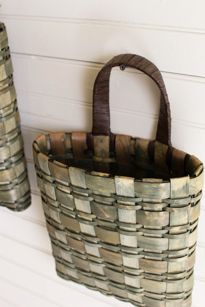 Set of 2 olive split wood hanging wall baskets - Bombay Mercantile
