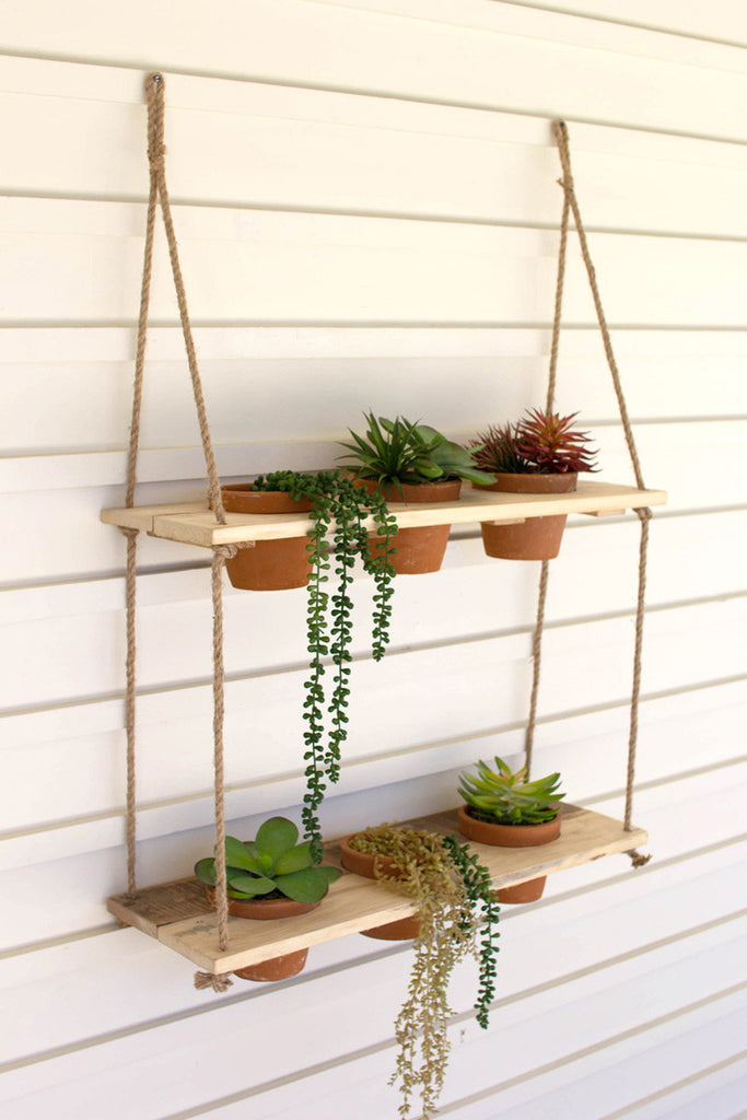 Two-tiered hanging wooden shelves with clay pots - Bombay Mercantile