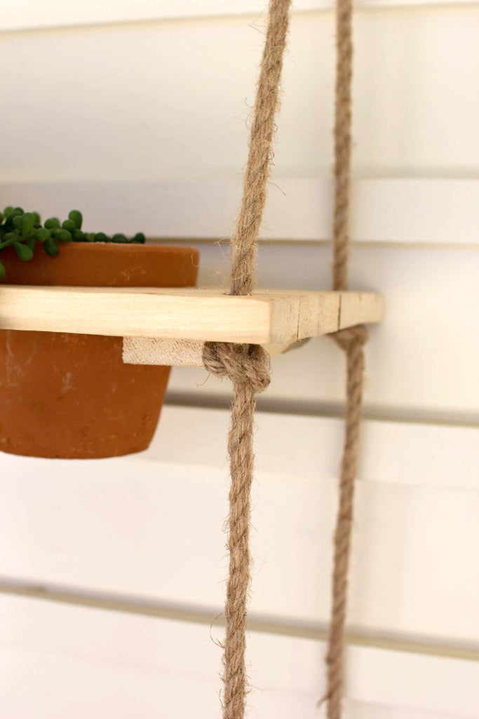Two-tiered hanging wooden shelves with clay pots - Bombay Mercantile