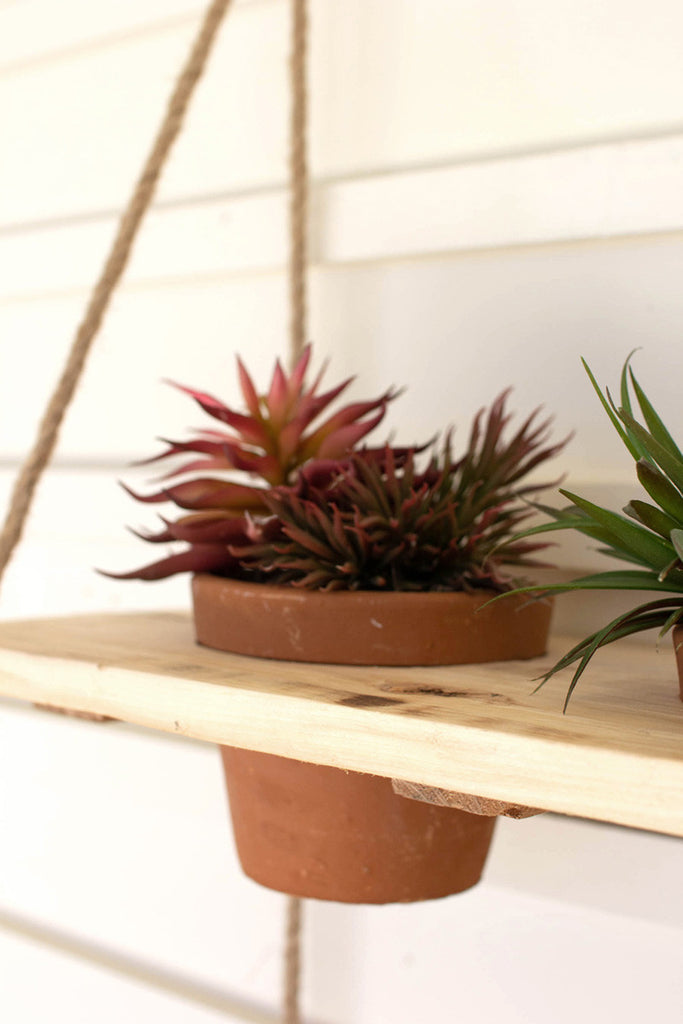 Two-tiered hanging wooden shelves with clay pots - Bombay Mercantile