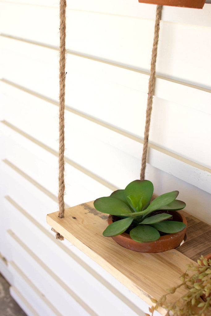 Two-tiered hanging wooden shelves with clay pots - Bombay Mercantile