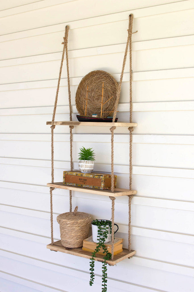 Three-tiered wood and rope wall shelf - Bombay Mercantile