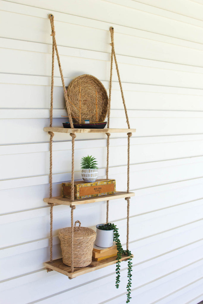 Three-tiered wood and rope wall shelf - Bombay Mercantile