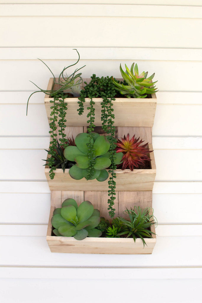 Triple wooden wall planter - Bombay Mercantile