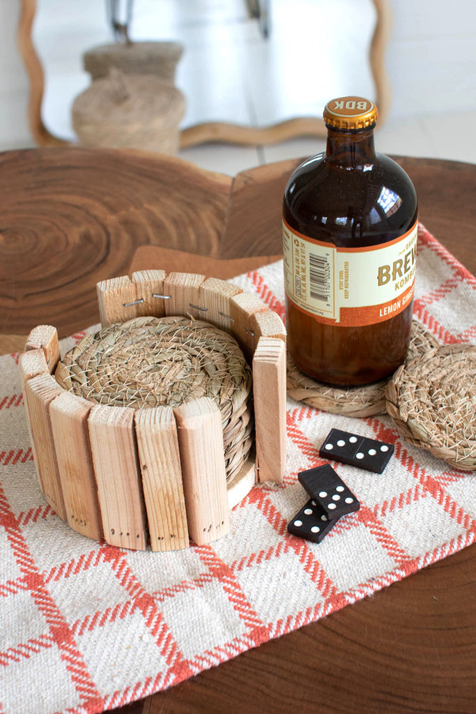 Set of 8 round woven seagrass coasters with wooden box - Bombay Mercantile