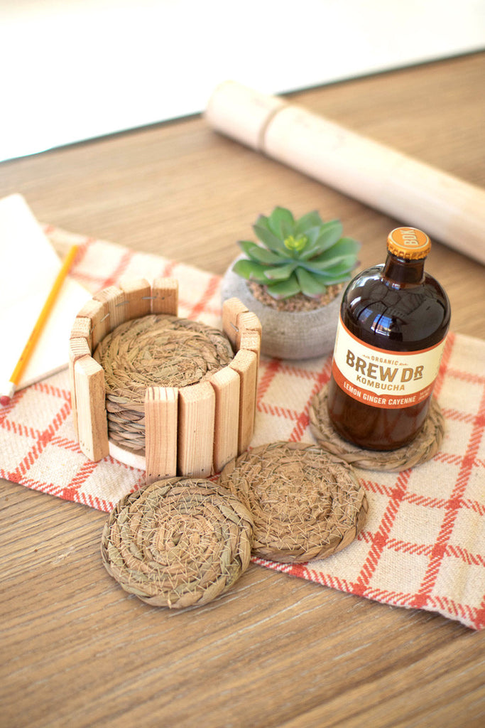 Set of 8 round woven seagrass coasters with wooden box - Bombay Mercantile