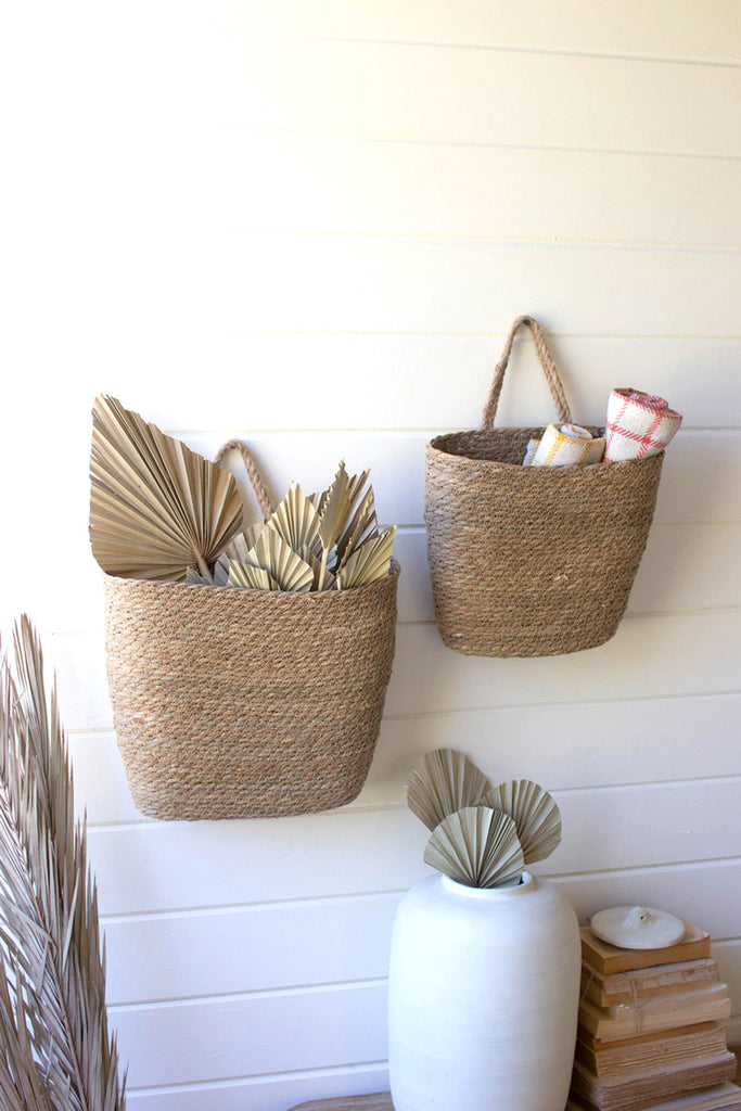 Set of 2 tall oval woven seagrass wall baskets - Bombay Mercantile