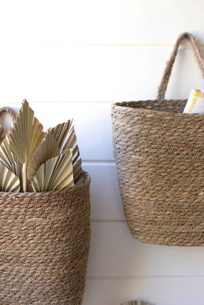 Set of 2 tall oval woven seagrass wall baskets - Bombay Mercantile