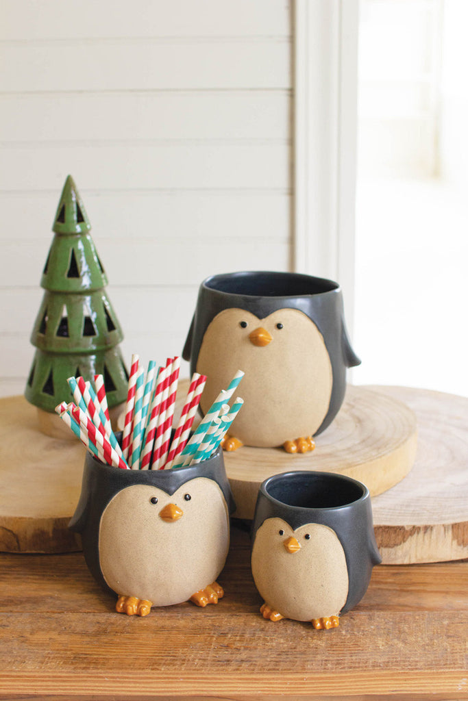 Set of 3 ceramic penguin planters - Bombay Mercantile