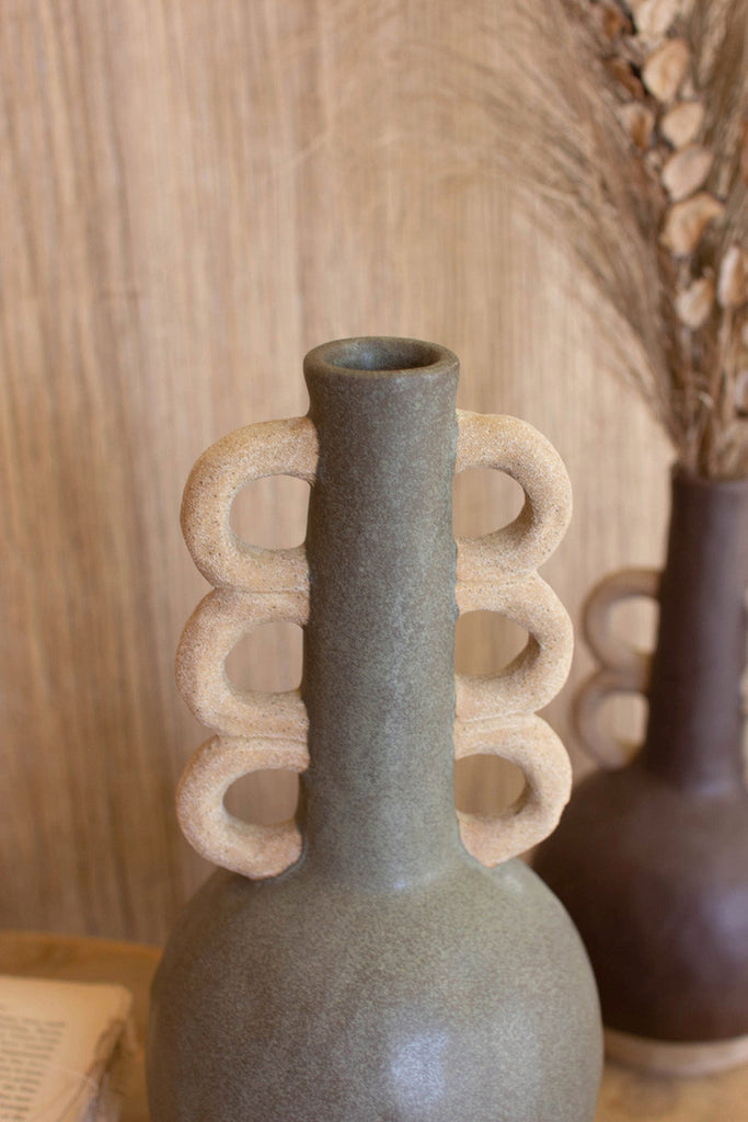 Set of 3 tall ceramic bottles with ring handles - Bombay Mercantile