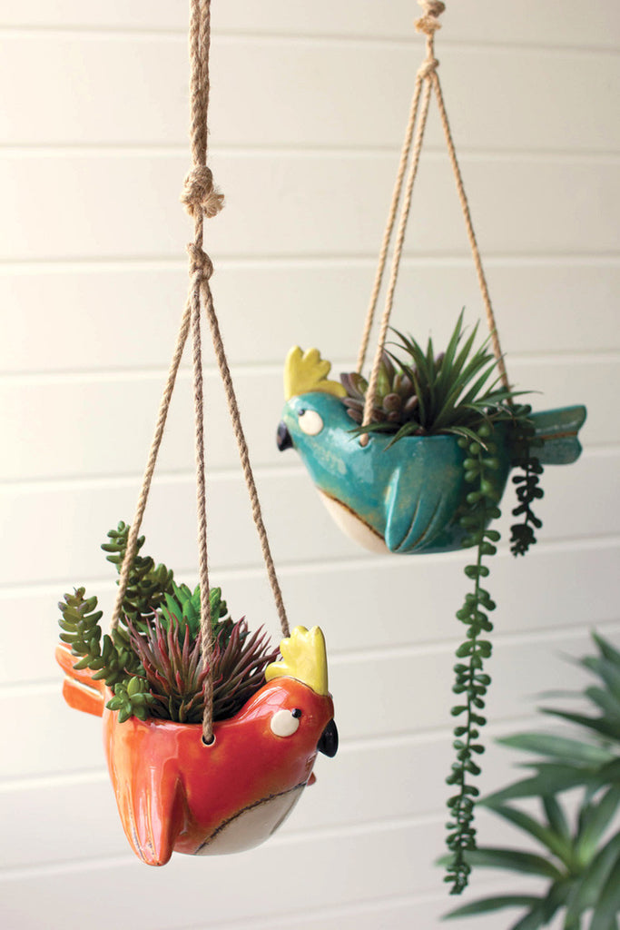 Set of 2 ceramic bird hanging planters - Bombay Mercantile