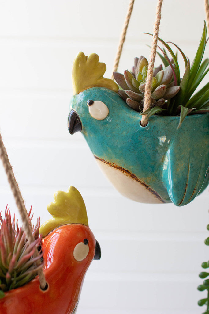 Set of 2 ceramic bird hanging planters - Bombay Mercantile