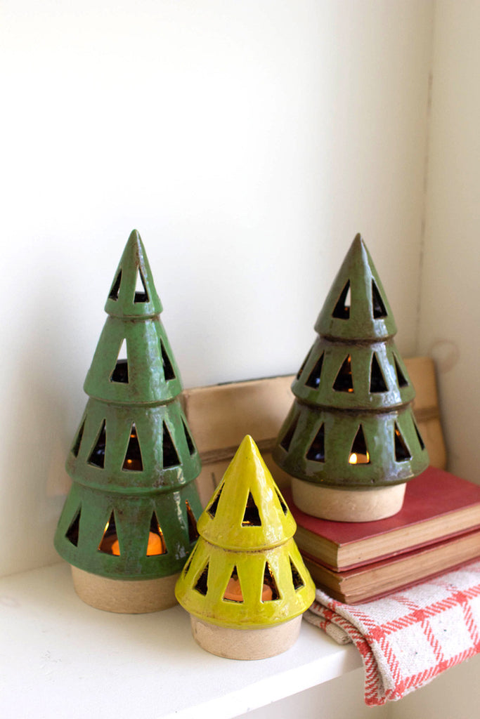 Set of 3 ceramic christmas tree lanterns - Bombay Mercantile