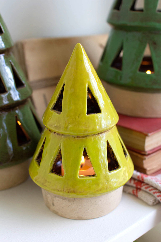 Set of 3 ceramic christmas tree lanterns - Bombay Mercantile