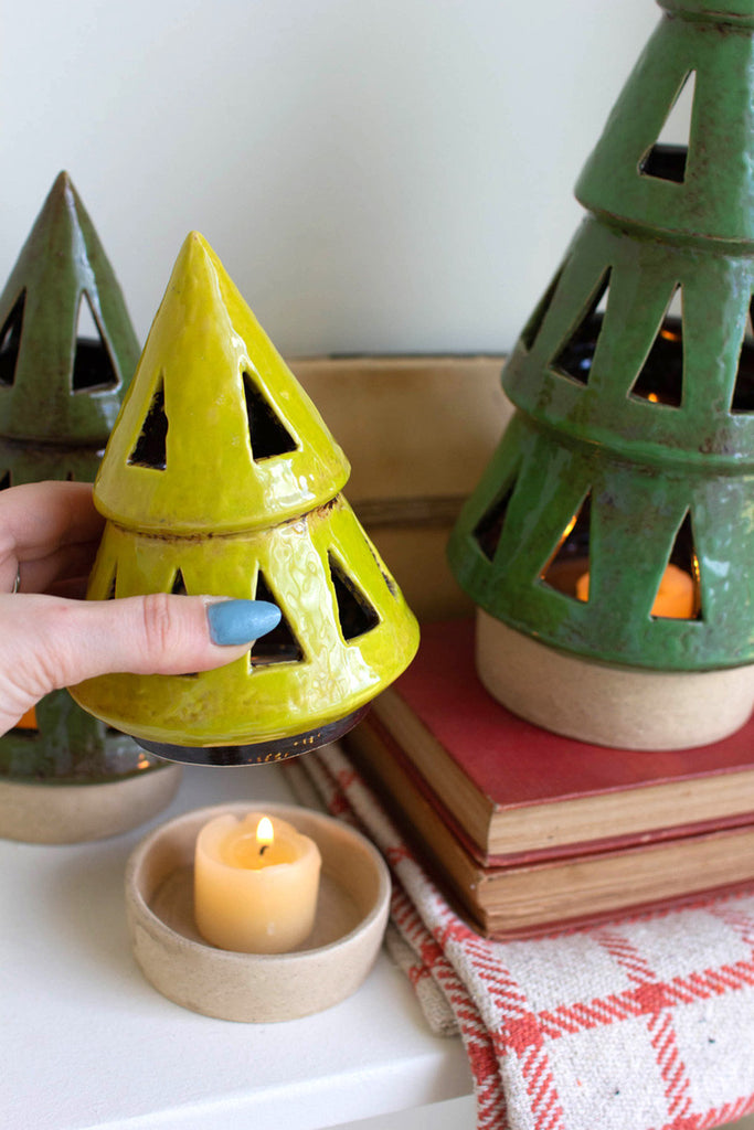 Set of 3 ceramic christmas tree lanterns - Bombay Mercantile