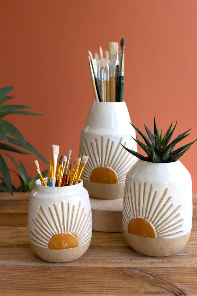 Set of 3 ceramic sunburst vessels - Bombay Mercantile