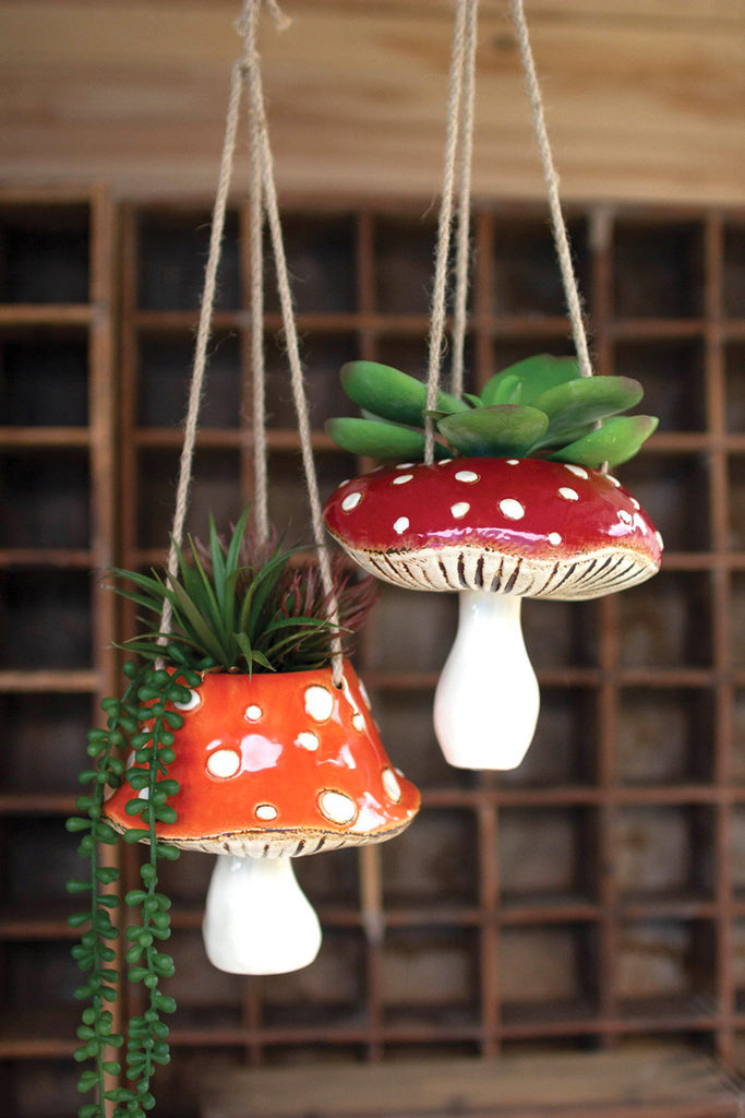 Set of 2 ceramic toadstool hanging planters - Bombay Mercantile
