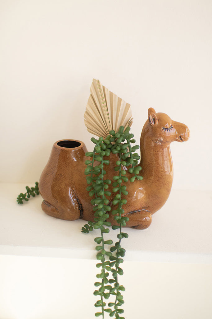 Brown ceramic camel planter - Bombay Mercantile