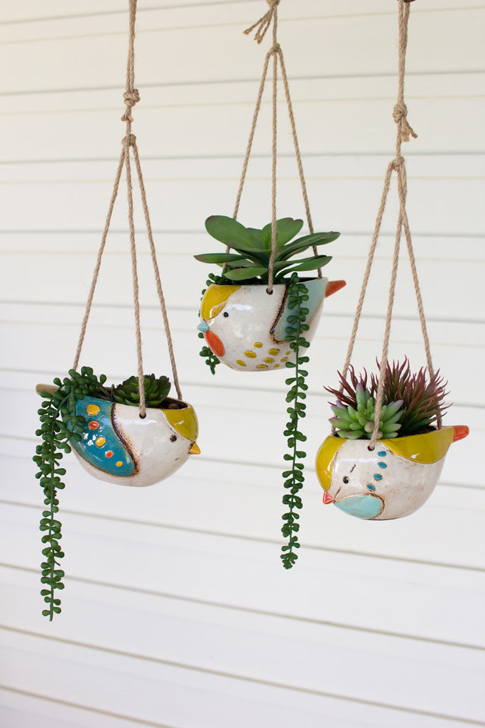 Set of 3 ceramic hanging bird planters - Bombay Mercantile