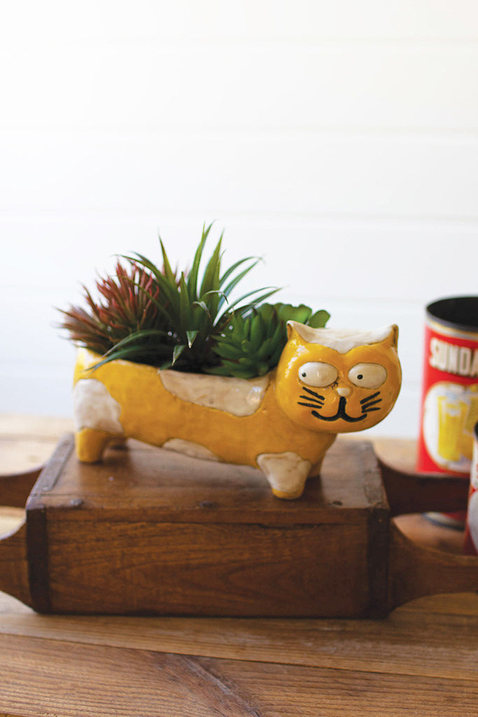 Ceramic yellow and white cat planter - Bombay Mercantile