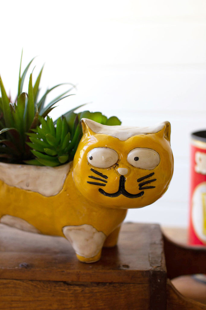 Ceramic yellow and white cat planter - Bombay Mercantile