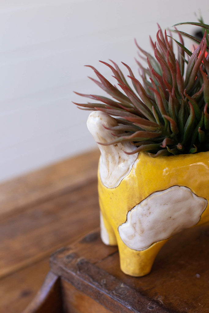Ceramic yellow and white cat planter - Bombay Mercantile