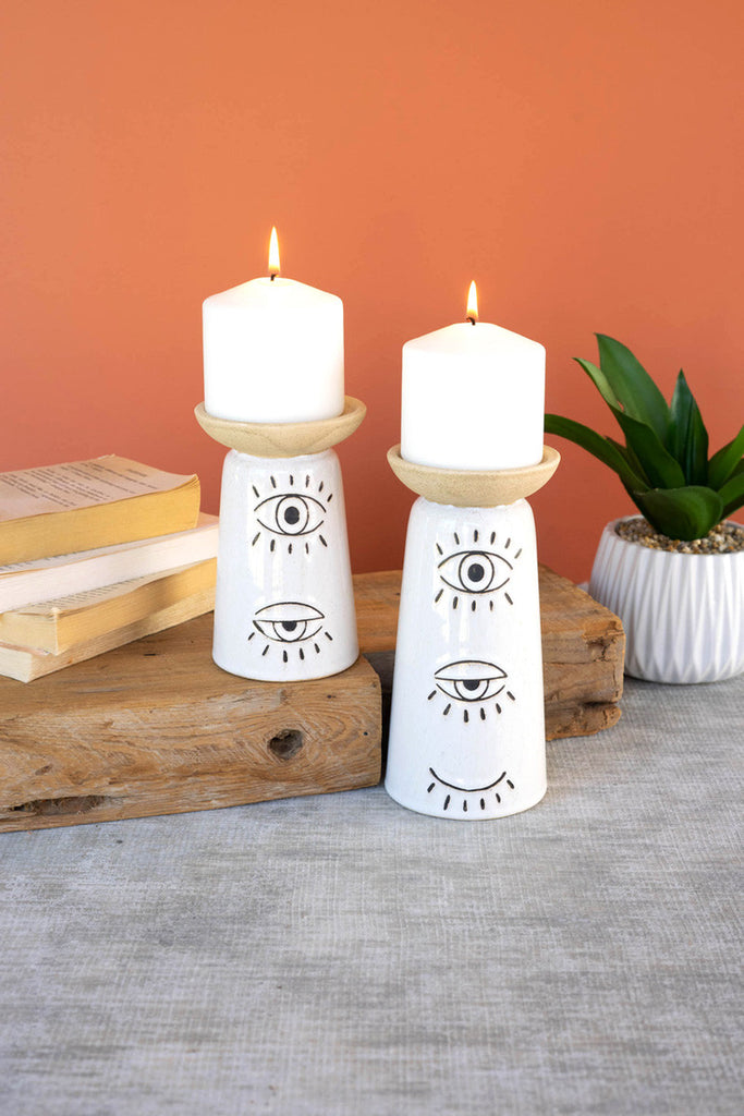 Set of 2 ceramic candle holders with eyes detail - Bombay Mercantile