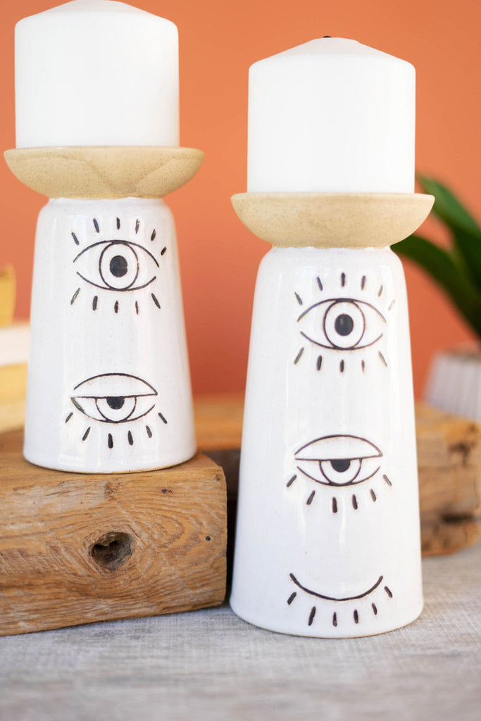 Set of 2 ceramic candle holders with eyes detail - Bombay Mercantile