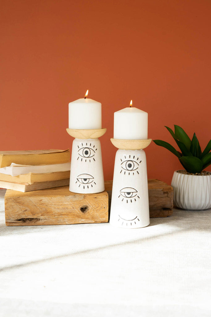 Set of 2 ceramic candle holders with eyes detail - Bombay Mercantile