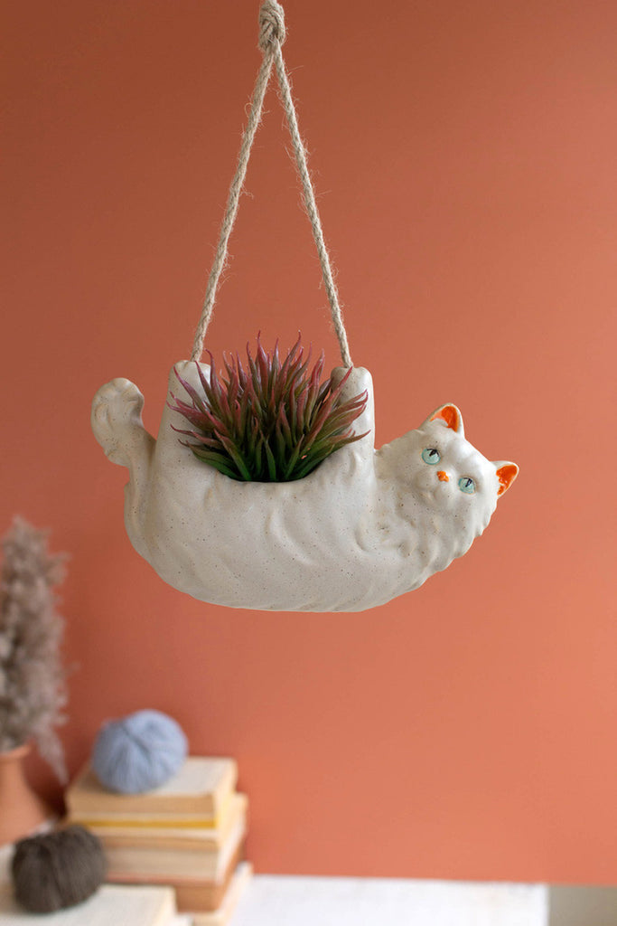 Ceramic fluffy cat hanging planter - Bombay Mercantile