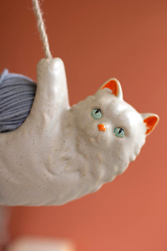 Ceramic fluffy cat hanging planter - Bombay Mercantile