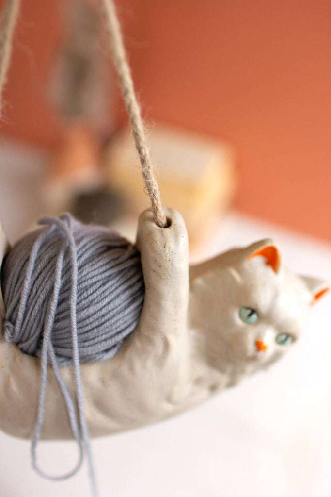 Ceramic fluffy cat hanging planter - Bombay Mercantile