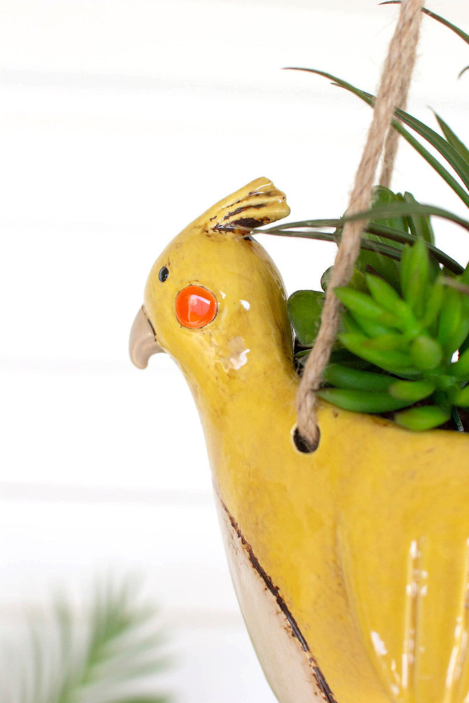 Hanging ceramic cockatiel planter, Set of 2 - Bombay Mercantile