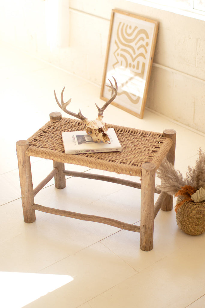 Woven square seagrass and wood stool - Bombay Mercantile