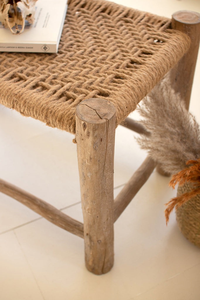 Woven square seagrass and wood stool - Bombay Mercantile