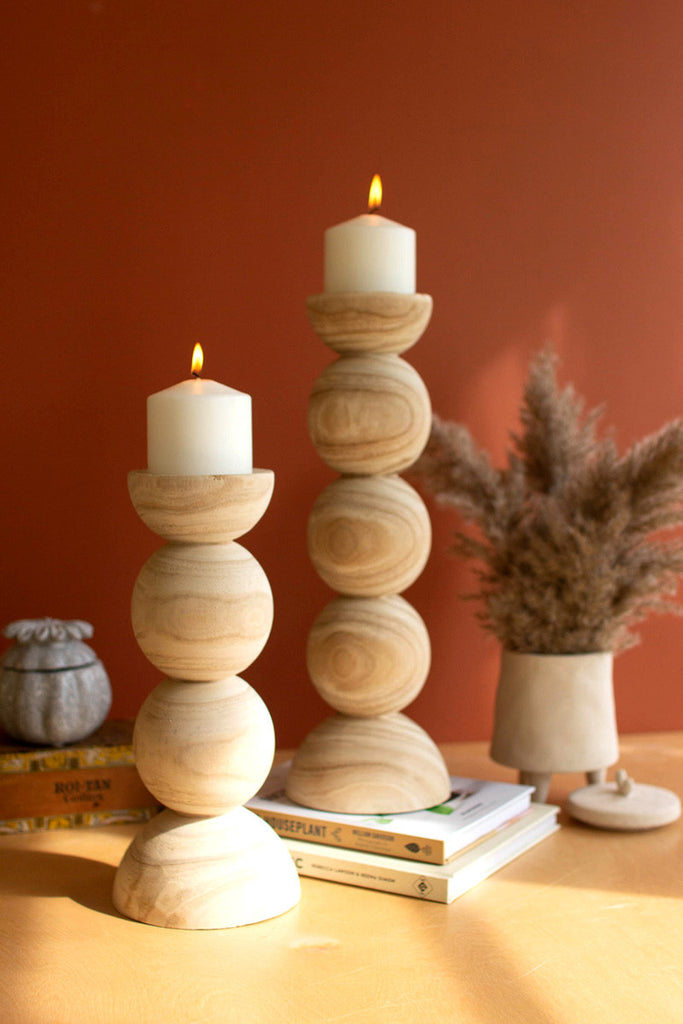 Set of 2 hand carved wooden stacked ball candle holders - Bombay Mercantile