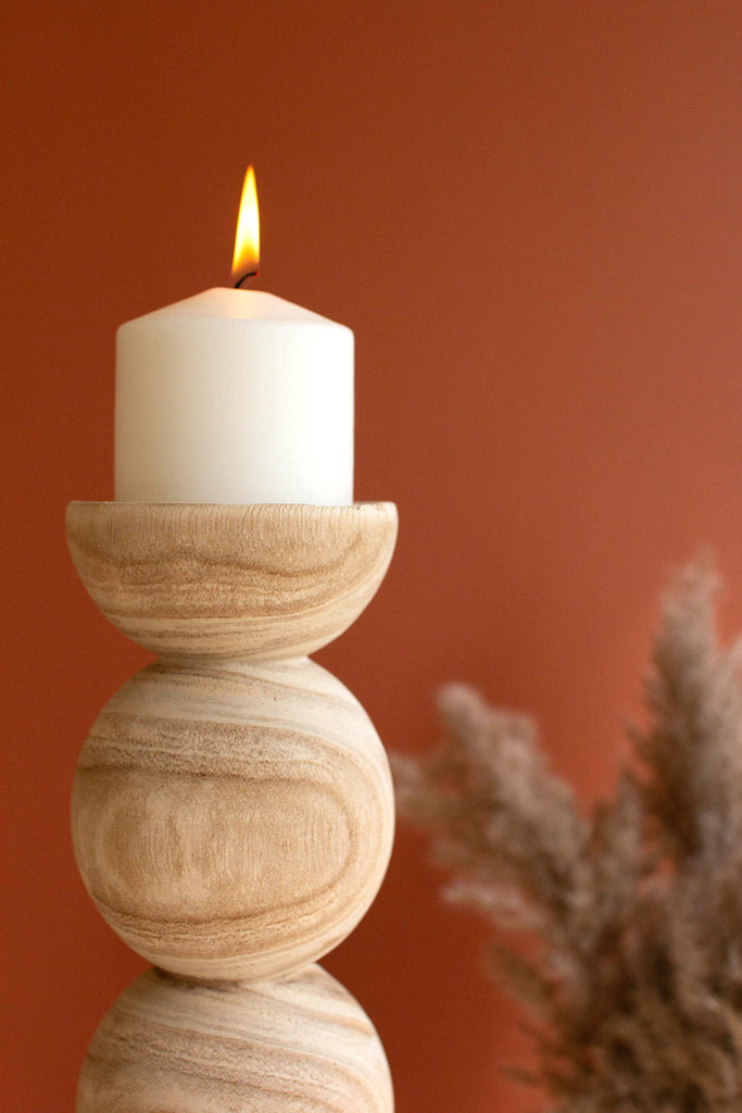 Set of 2 hand carved wooden stacked ball candle holders - Bombay Mercantile