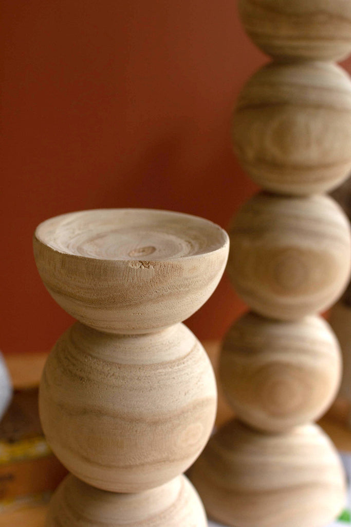 Set of 2 hand carved wooden stacked ball candle holders - Bombay Mercantile