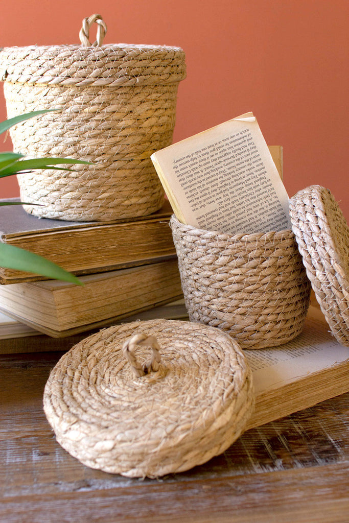 Set of 3 seagrass storage basket with lids - Bombay Mercantile
