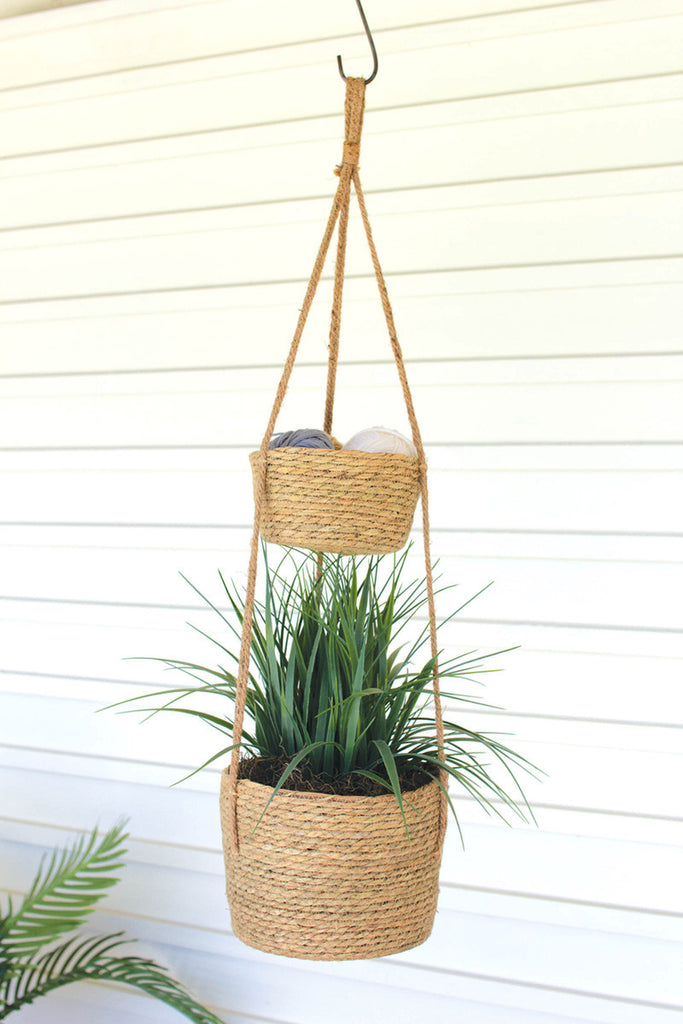 Two-tiered natural hanging seagrass basket - Bombay Mercantile