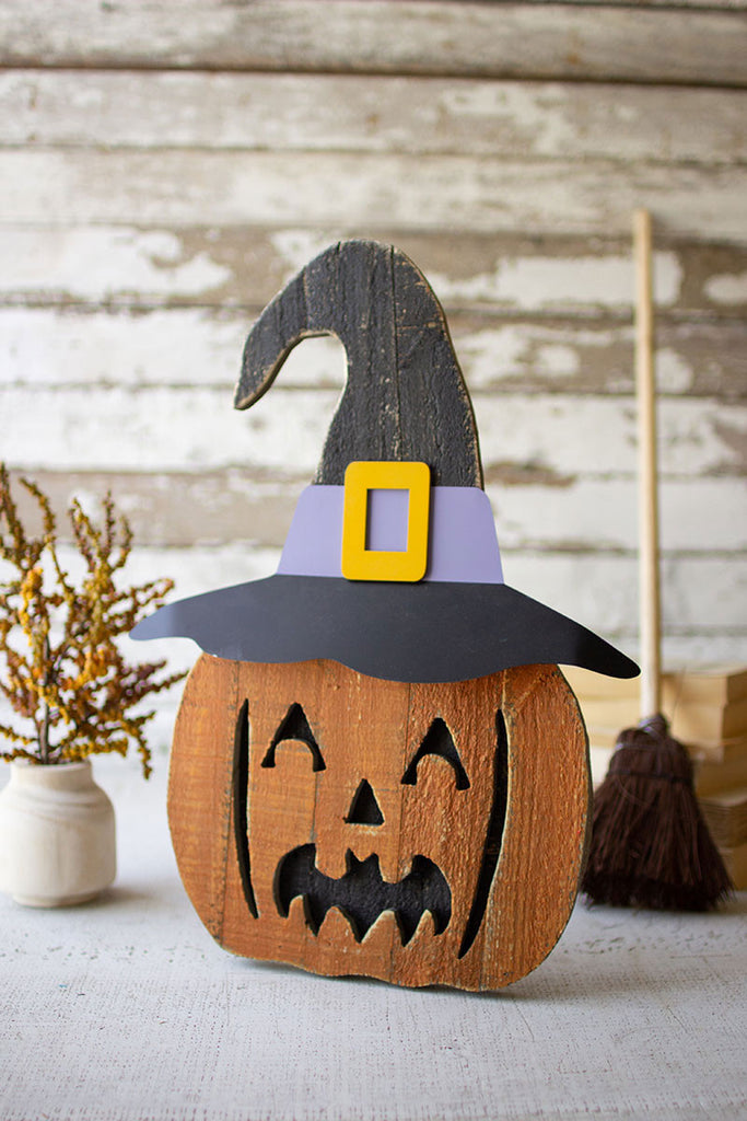 Painted wooden jack-o-lantern with stand - The Nifty Decor
