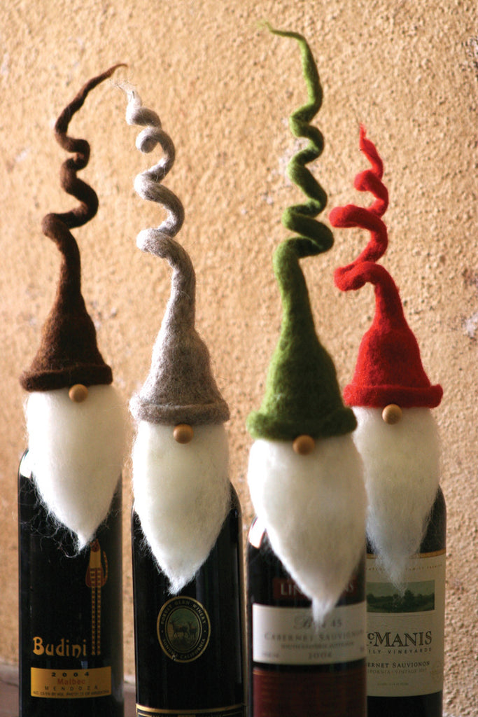 Felt santa wine toppers with curly hats, Set of 4, Box - The Nifty Decor