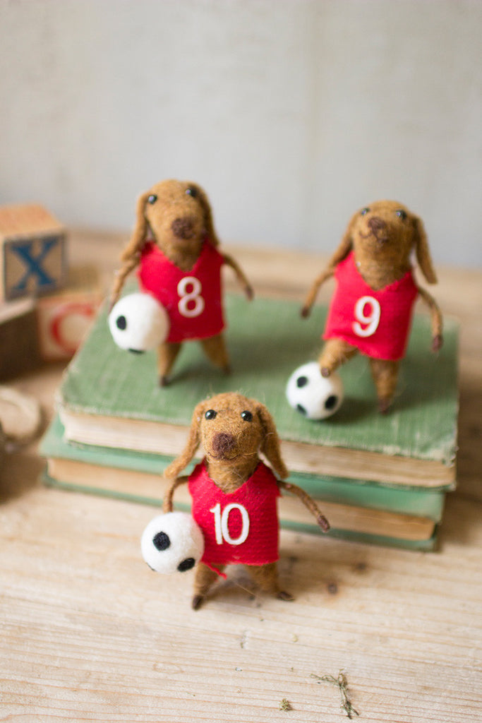 Set of Three felt dog soccer players - Bombay Mercantile