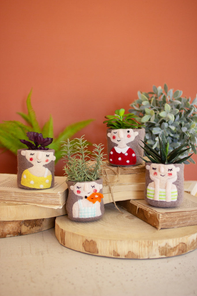 Set of 4 felt lady planters - Bombay Mercantile