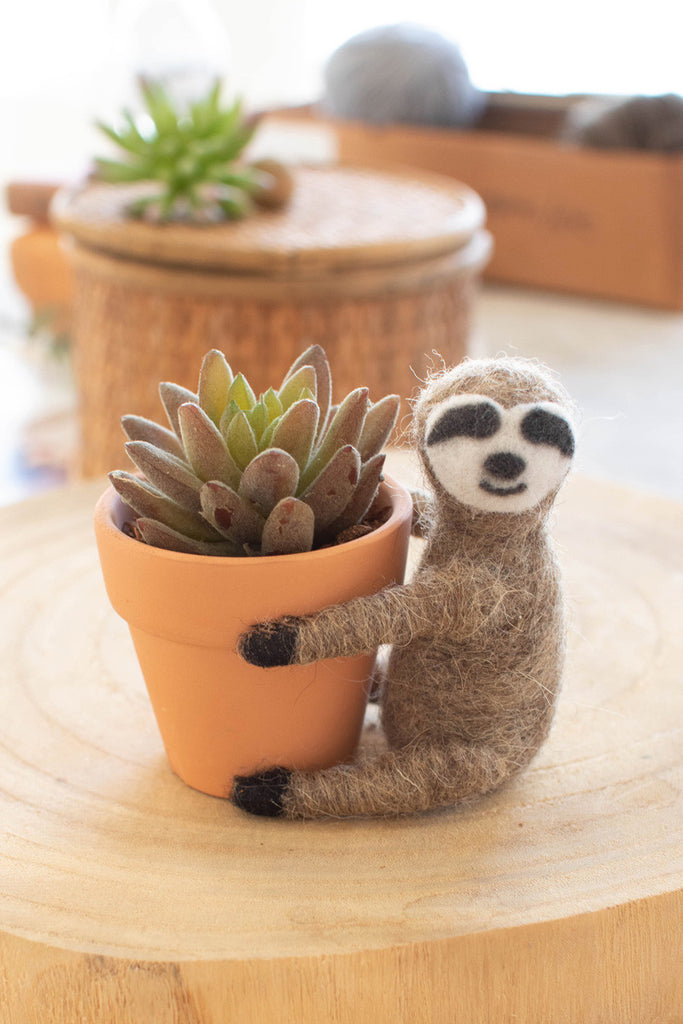 Terracotta planters with felt sloth - Bombay Mercantile