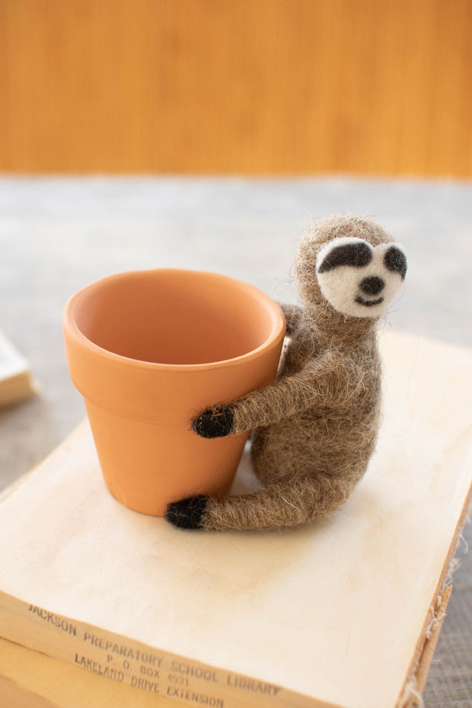 Terracotta planters with felt sloth - Bombay Mercantile
