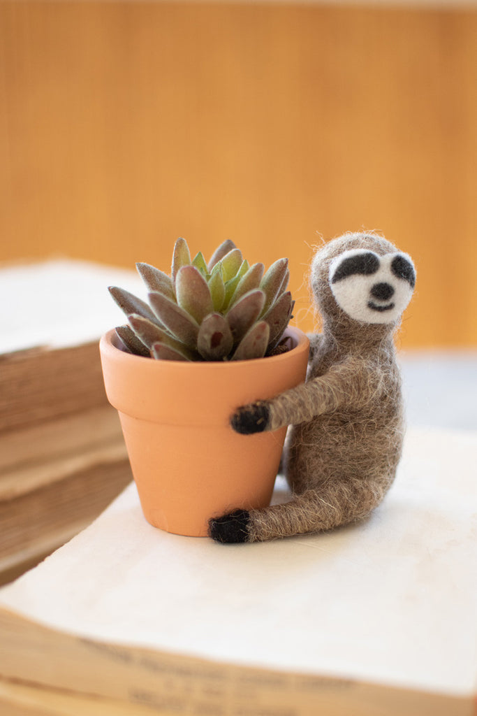 Terracotta planters with felt sloth - Bombay Mercantile