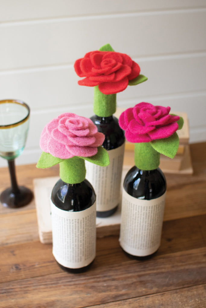 Set of 3 felt rose bottle toppers - Bombay Mercantile