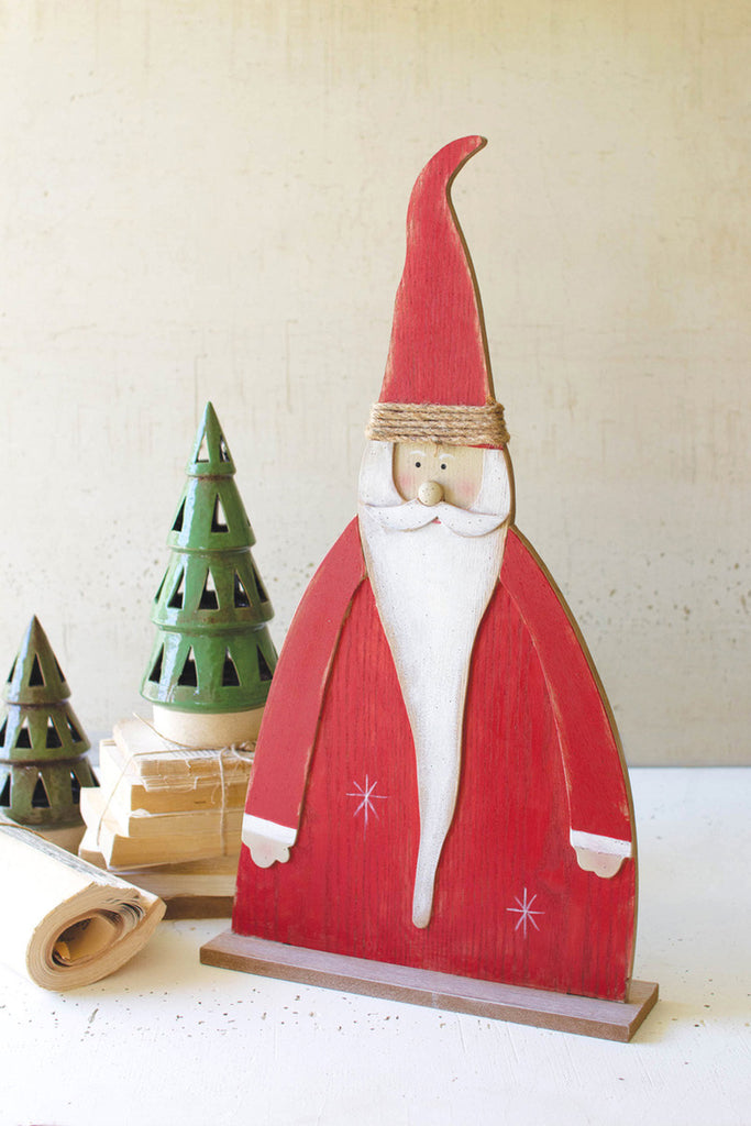 Painted wooden santa on a stand - Bombay Mercantile